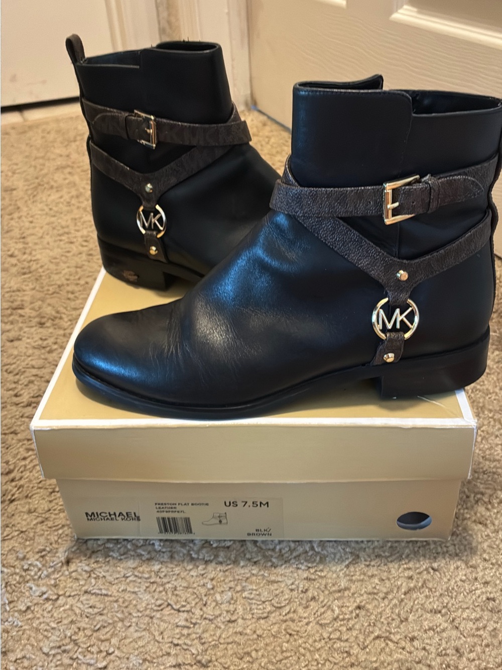 Michael Kors Black & Brown Leather Ankle Booties with MK Charm